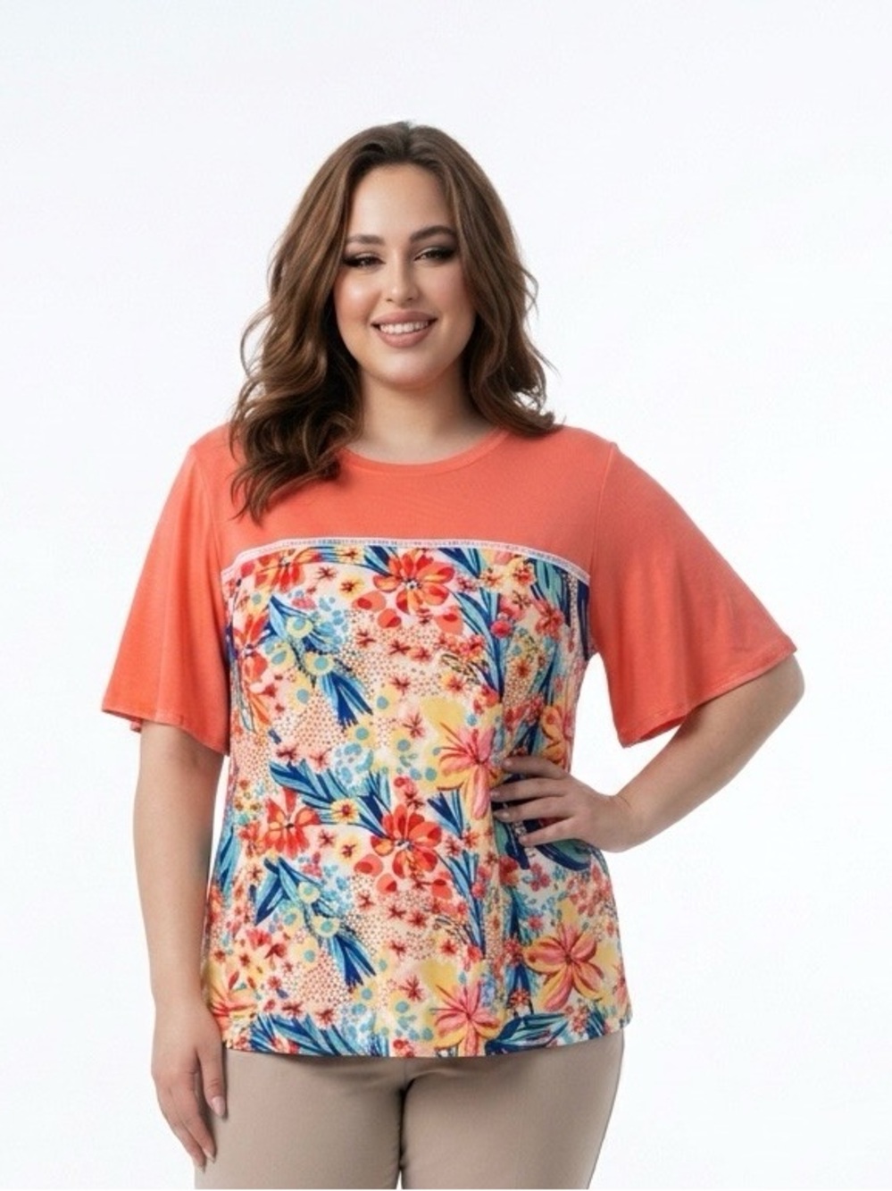 Plus Floral Panel Short-Sleeve Top in Coral